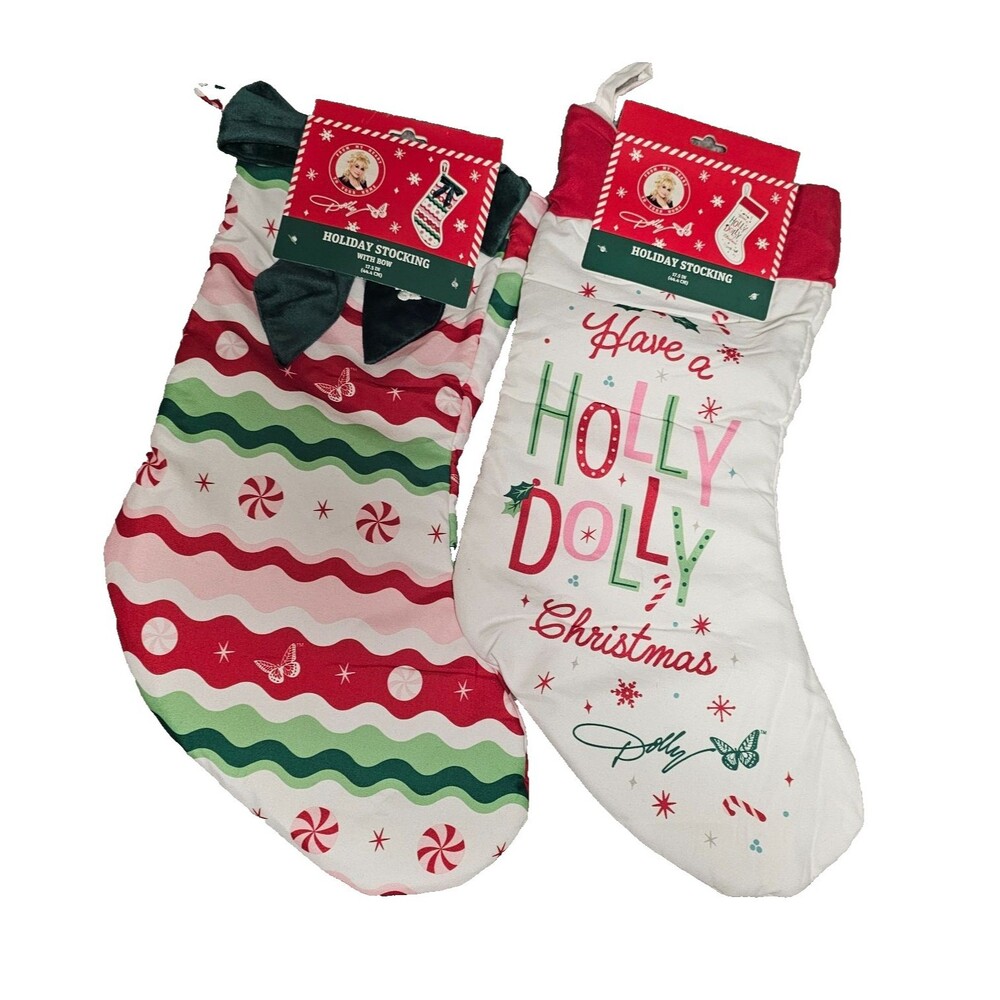 2 NEW Dolly Parton Stockings  HOLLY DOLLY & STRIPED 17.5" DG Exclusive Christmas